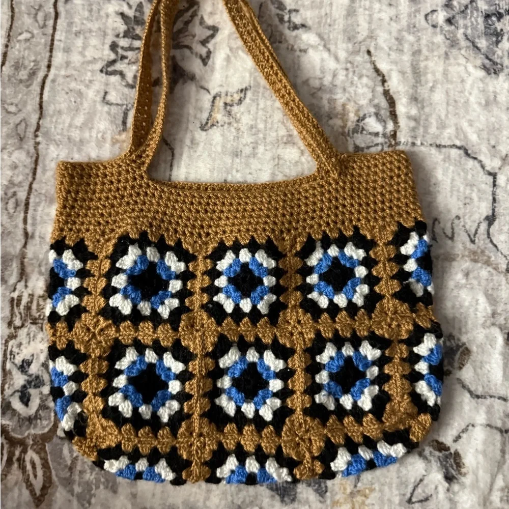 Handcrafted Crochet Tote Bag - Brown and Blue